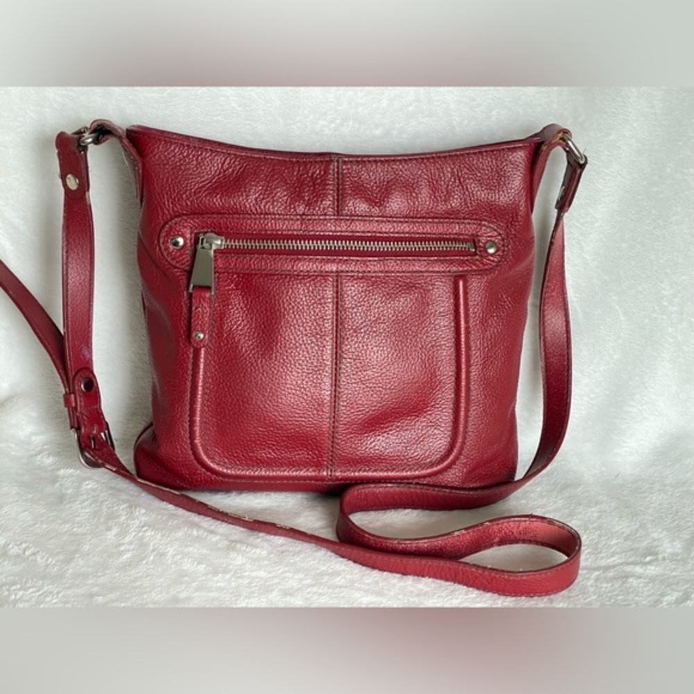 PELLE studio, vintage red leather Crossbody purse, multi pockets, zipper closure